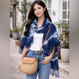 Indigo Tie-Dye Oversized Wrap Shawl Fringe Scarf
